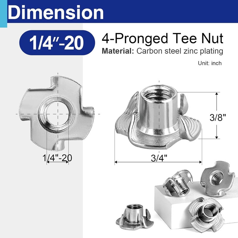Usdrwam 100 Pack 1/4"-20 T Nuts for Wood, Zinc-Plated Carbon Steel 4-Prong Tee Nuts for Furniture, Cabinets, and Rock Climbing Holds - Image 2
